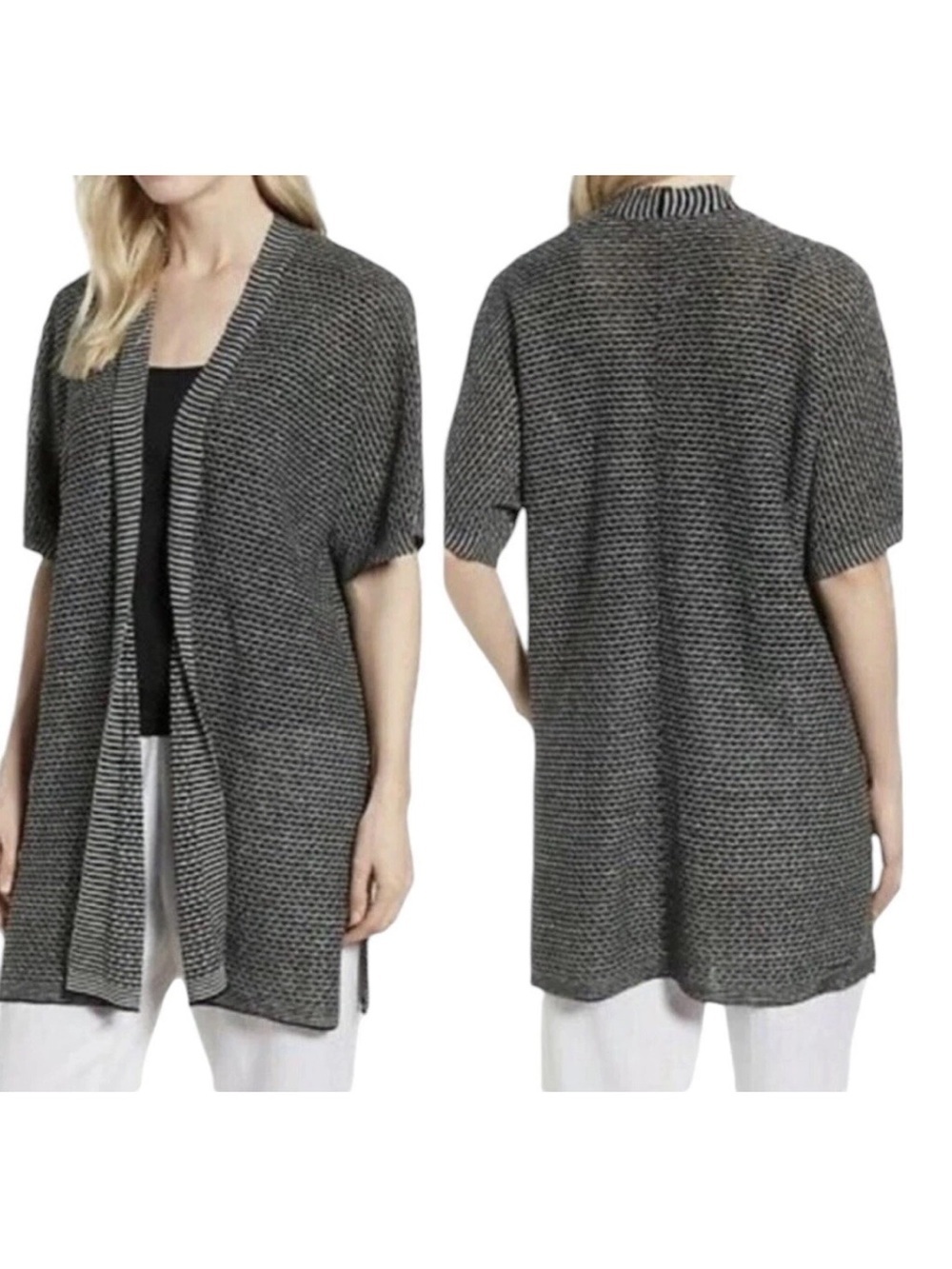 Eileen Fisher Open Front Kimono Cardigan 100% Organic Linen Striped Size XS